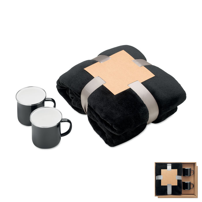 Set pătură fleece și 2 căni AGRADABLE Negru