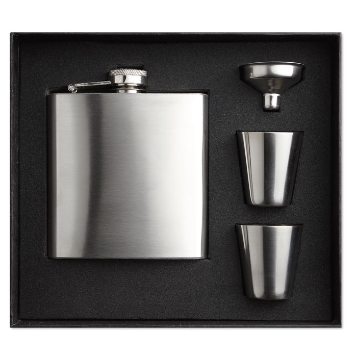 Sticlă de buzunar cu paharele SLIMMY FLASK SET Argint Mat